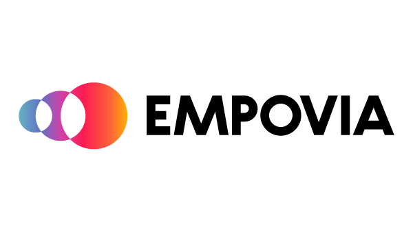 Empovia logo with three overlapping circles that increase in size and have a rainbow gradient overlaid next to the Empovia wordmark in black all caps text